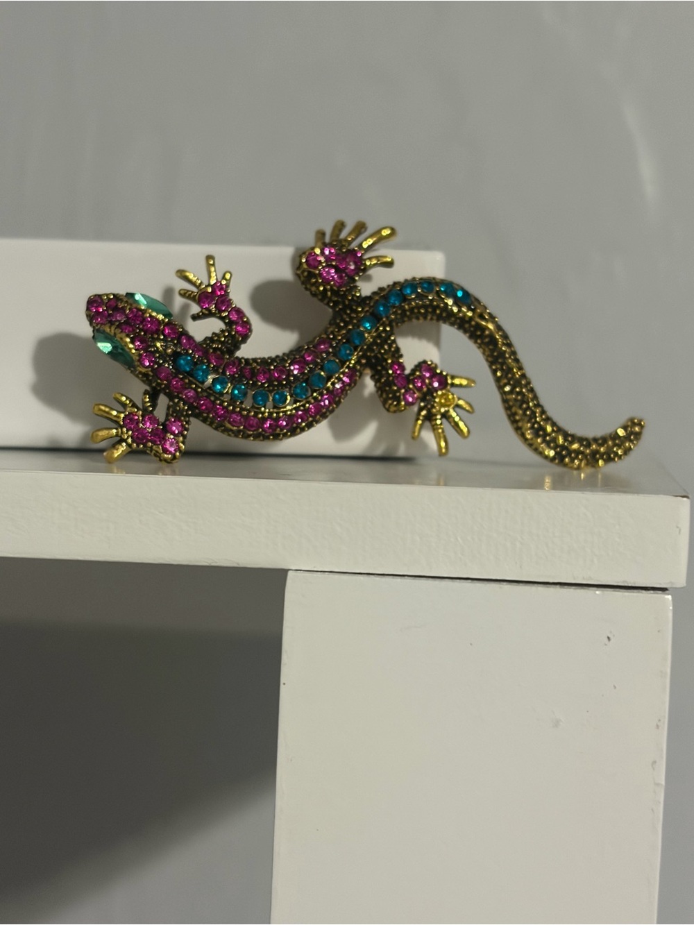 Gold-Tone Lizard Brooch with Pink and Blue Crystals